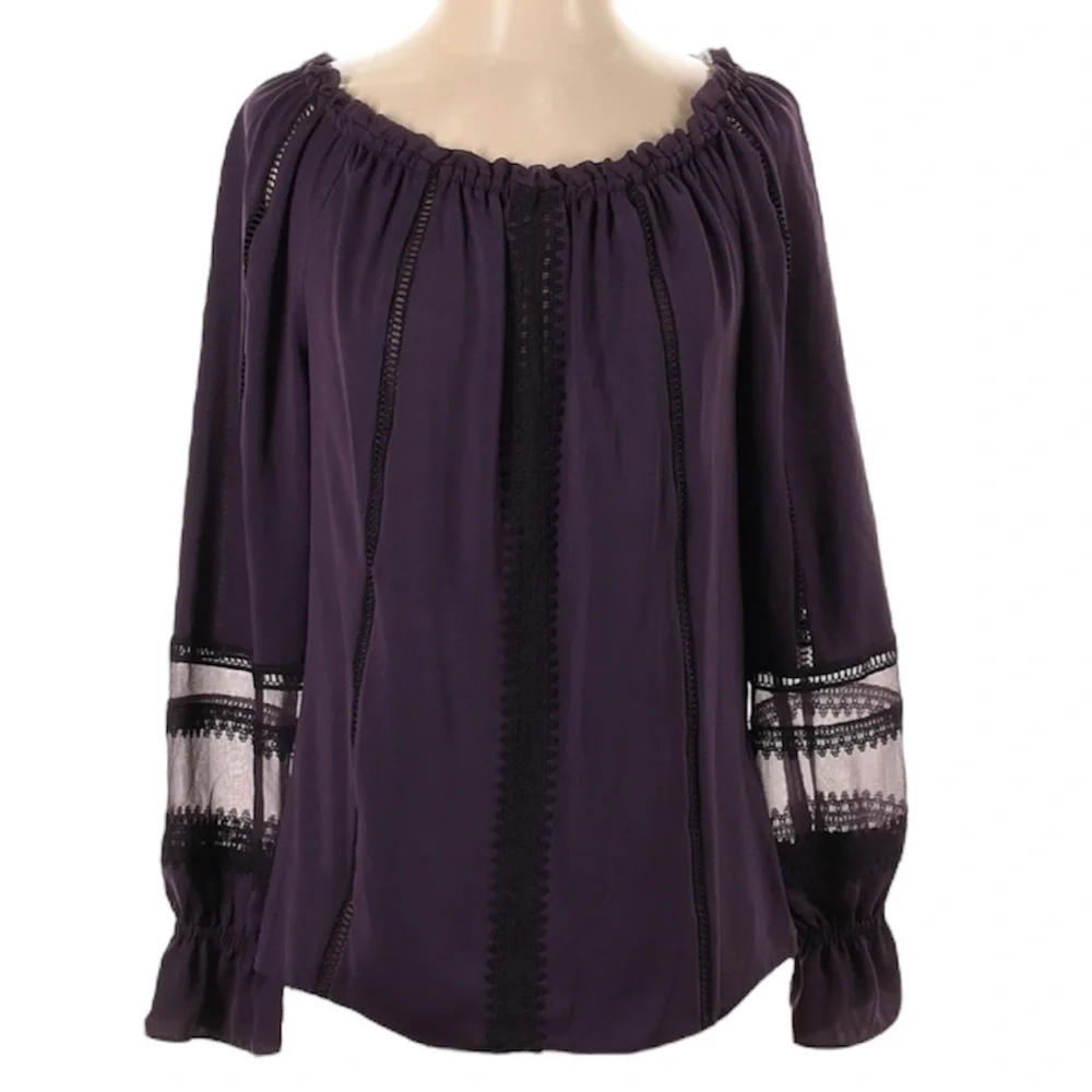 NWT RAMY BROOK Long Sleeve On Off Shoulder Lace & Ruffle Blouse Size X-Small - Picture 2 of 5
